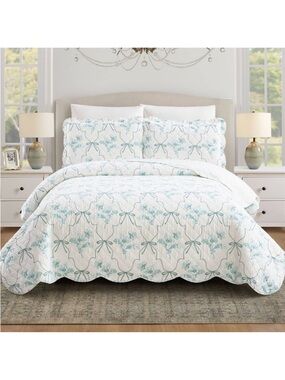 Modern Heirloom 3pc Full/ Queen Floral Frames Quilt Bedding Set Blue